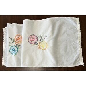 Vintage Hand Embroidery Floral Table Runner Dresser Scarf 39" White Crochet Trim